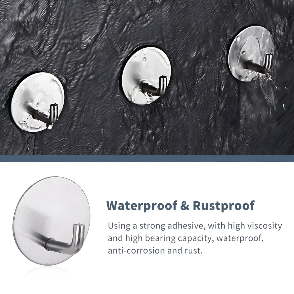 Two stainless steel self-adhesive hooks with black and sanded finishes, suitable for 3kg loads in bathrooms and kitchens