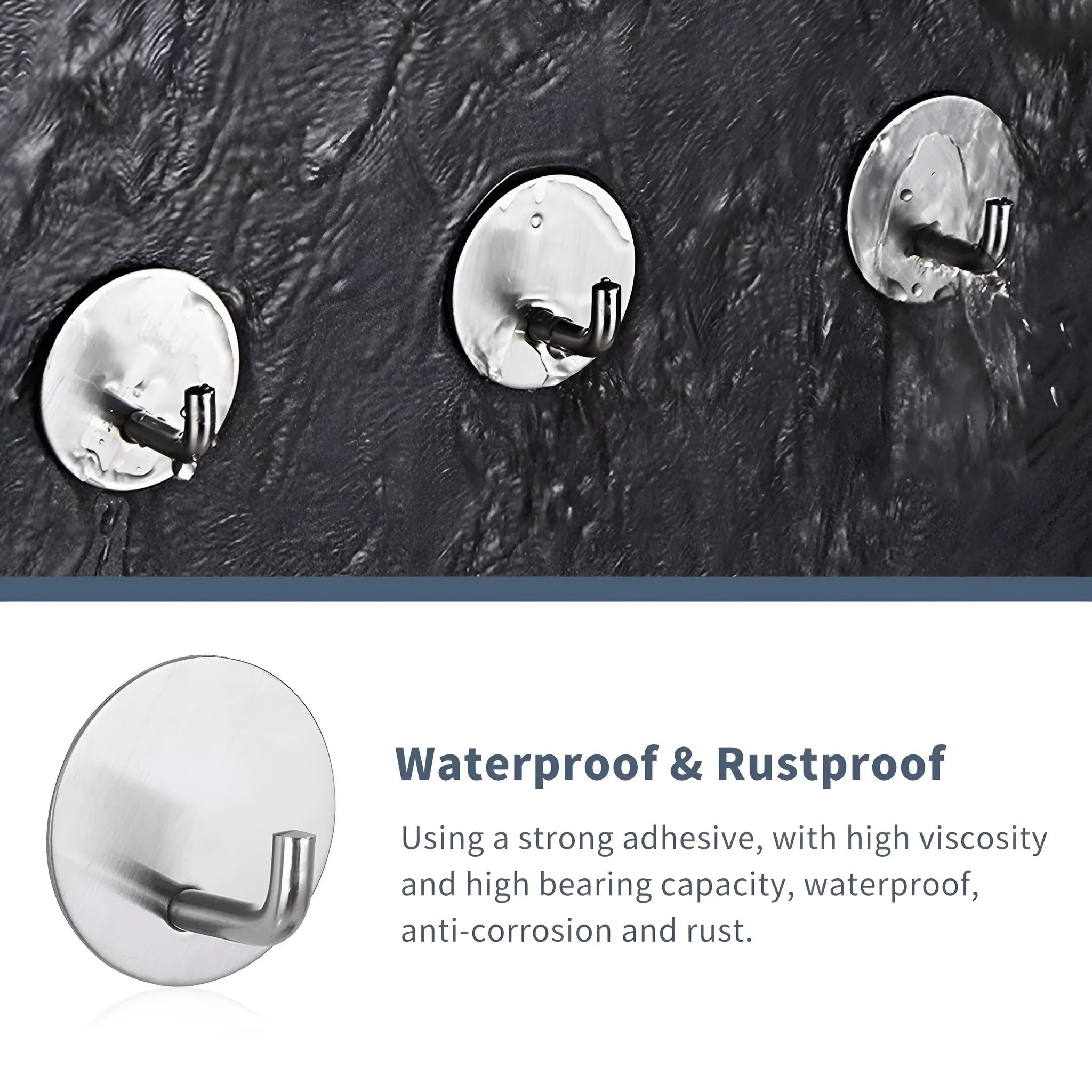 Two stainless steel self-adhesive hooks with black and sanded finishes, suitable for 3kg loads in bathrooms and kitchens