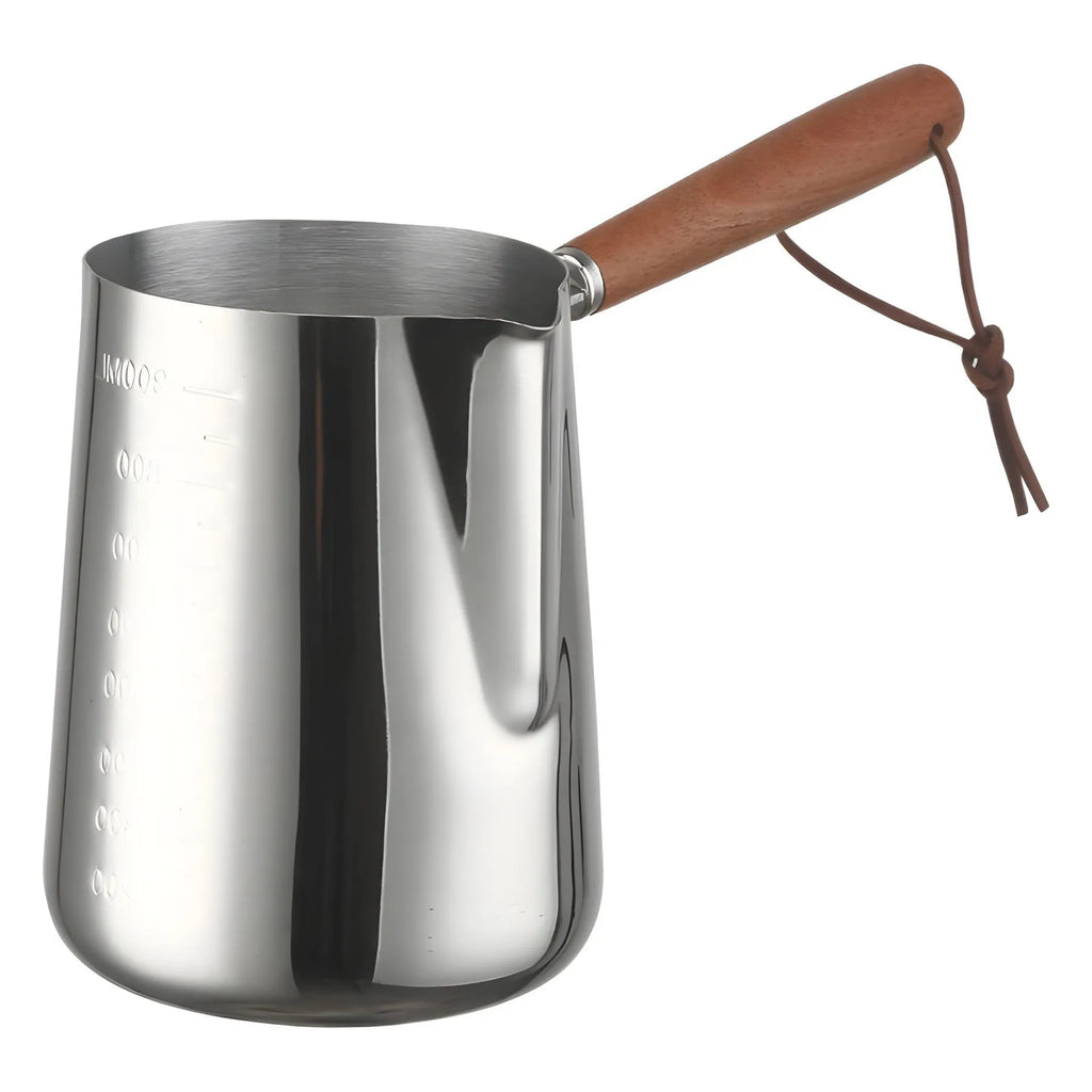 Stainless steel garland pattern coffee cup with a wooden handle in a simple modern style.