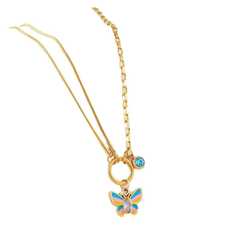 Gold titanium steel butterfly jewellery set with colourful epoxy pendant on snake bones chain