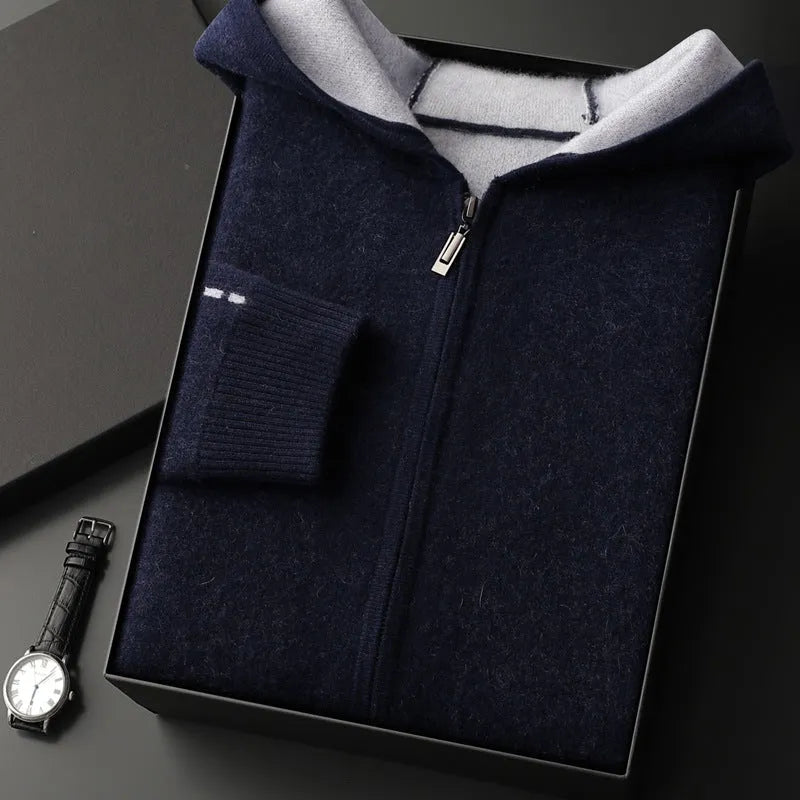 Men's dark blue cashmere cardigan sweater with zipper half-high collar and long sleeves