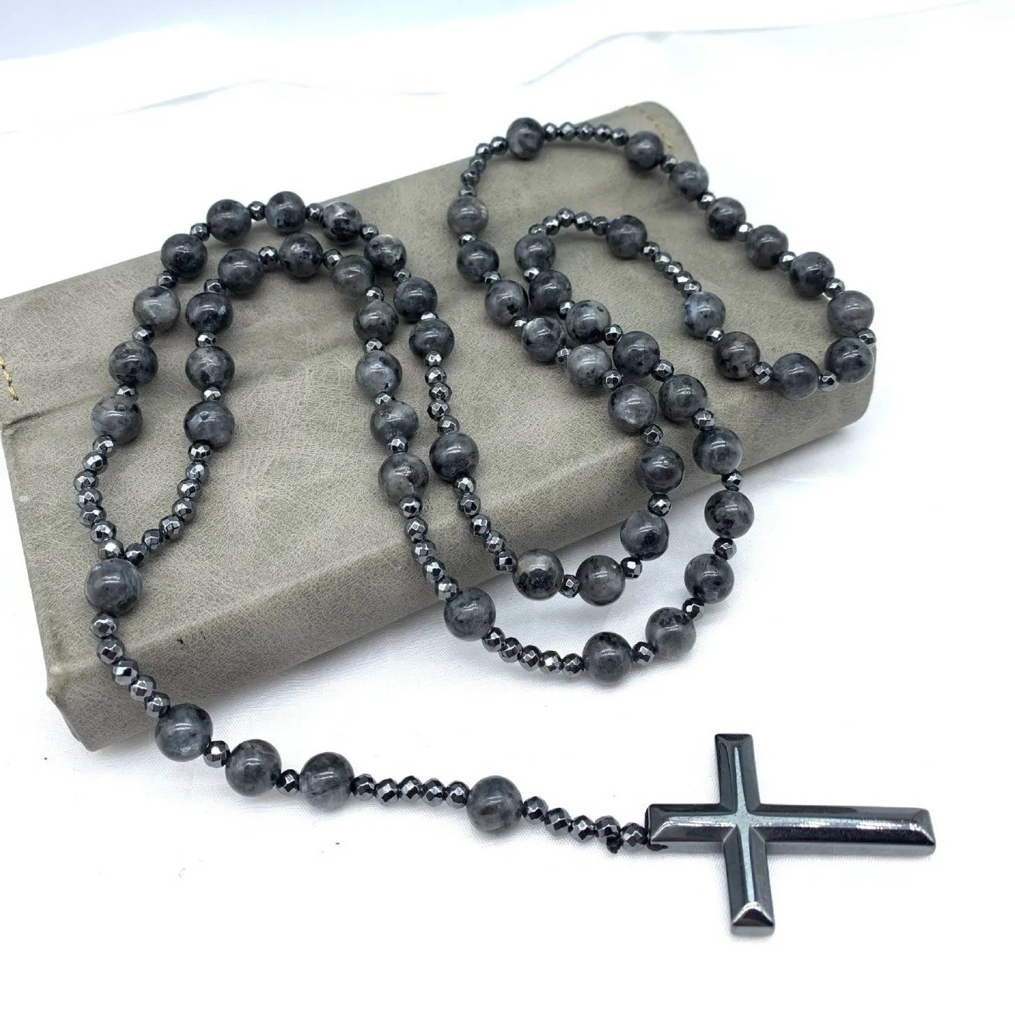 Men's geometric stone cross pendant on an 80cm ball bead chain with a safety lock.