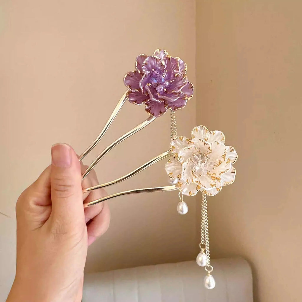 Retro-style U-shaped hairpin with a purple peony flower tassel decoration on an alloy barrette.