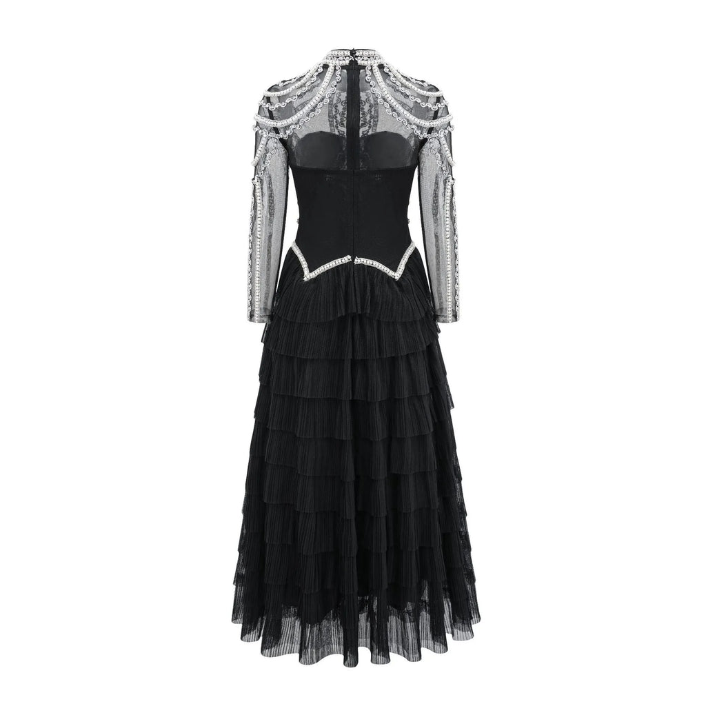 Women's black polyester beaded dress with long sleeves and three-dimensional decorations