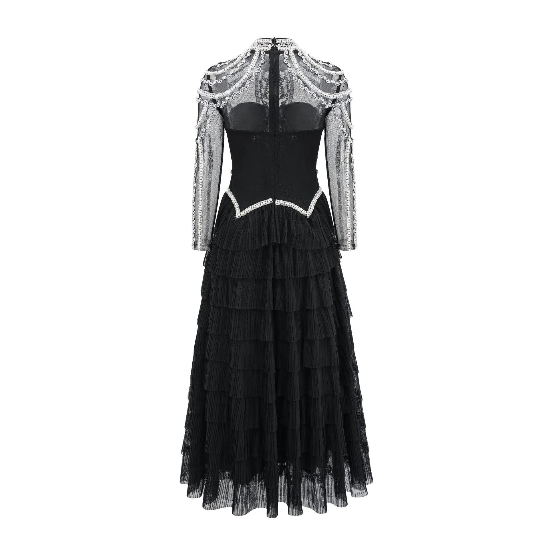 Women's black polyester beaded dress with long sleeves and three-dimensional decorations