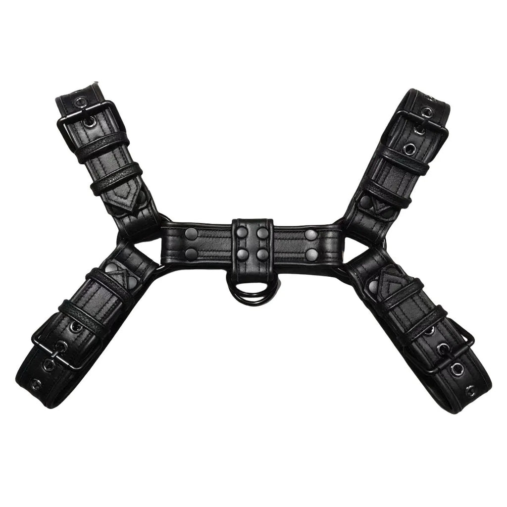 Black leather chest muscle bondage strap with metal buckle adjustment for adult shoulder harness