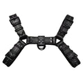 Black leather chest muscle bondage strap with metal buckle adjustment for adult shoulder harness
