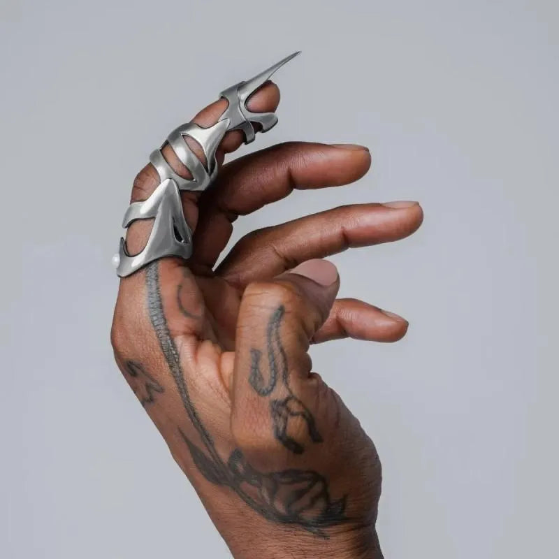 Silver punk armour finger stall ring with alternative jewellery design