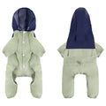 British style waterproof polyester jacket for small or medium dog on size chart with khaki, green, orange colours.