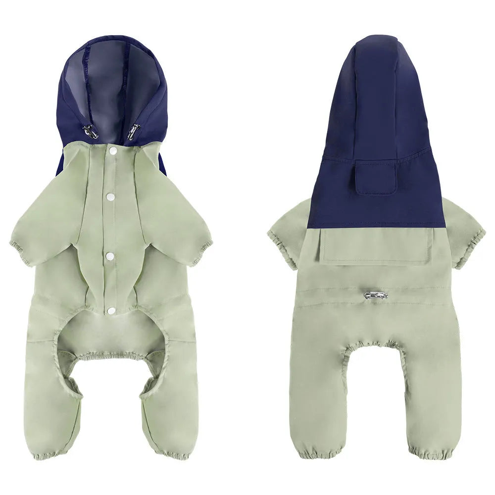 British style waterproof polyester jacket for small or medium dog on size chart with khaki, green, orange colours.