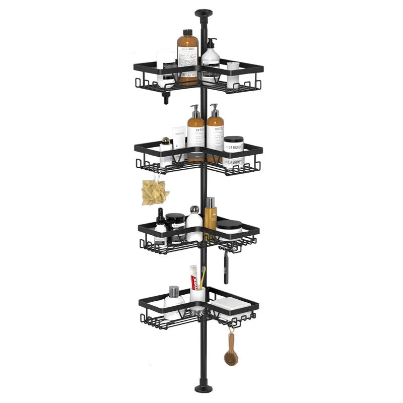 Modern stainless steel bathroom storage rack with four retractable shelves and hole-free wall mounting
