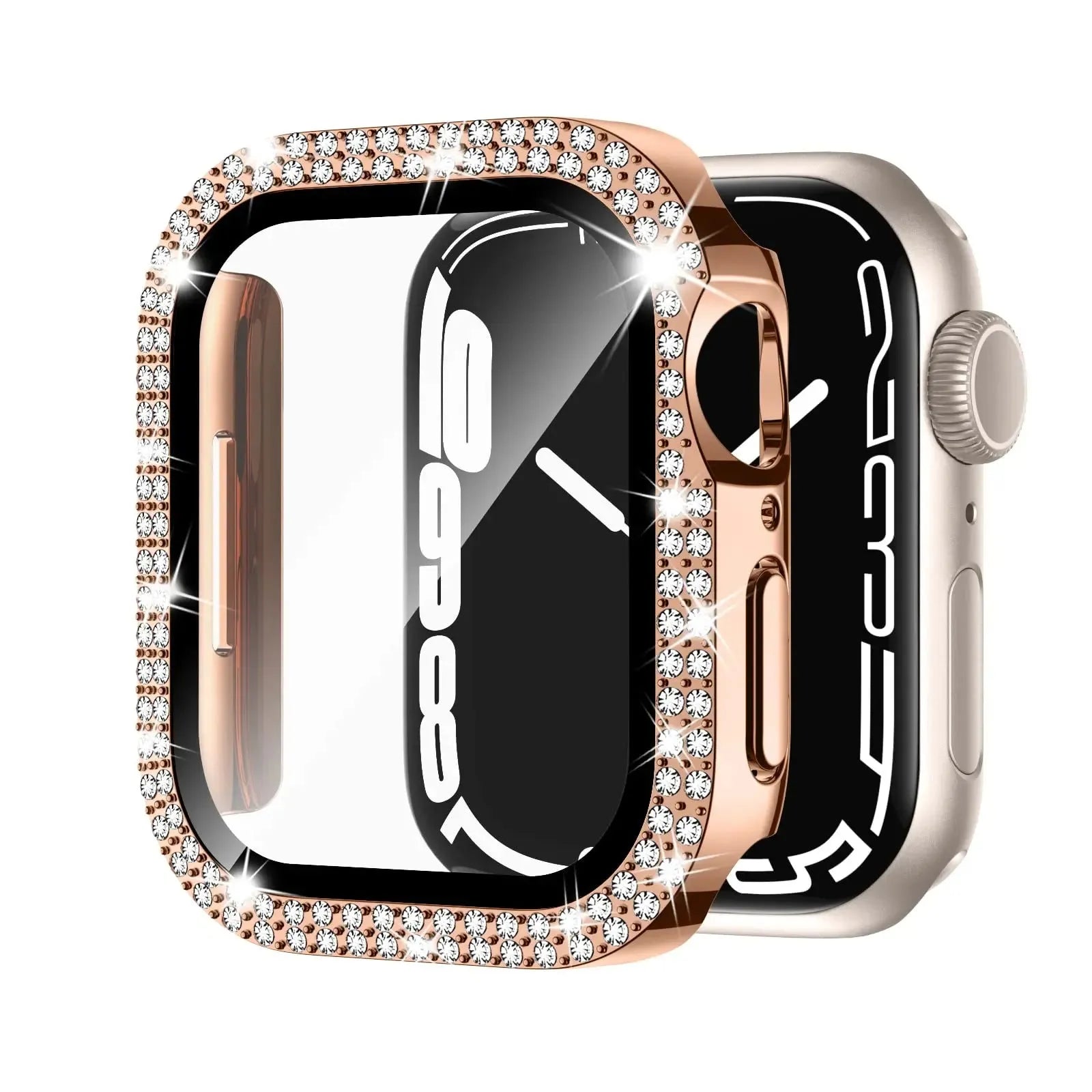 Apple Watch protective case with double diamond glass in rose pink, gold, silver, and black colour options.