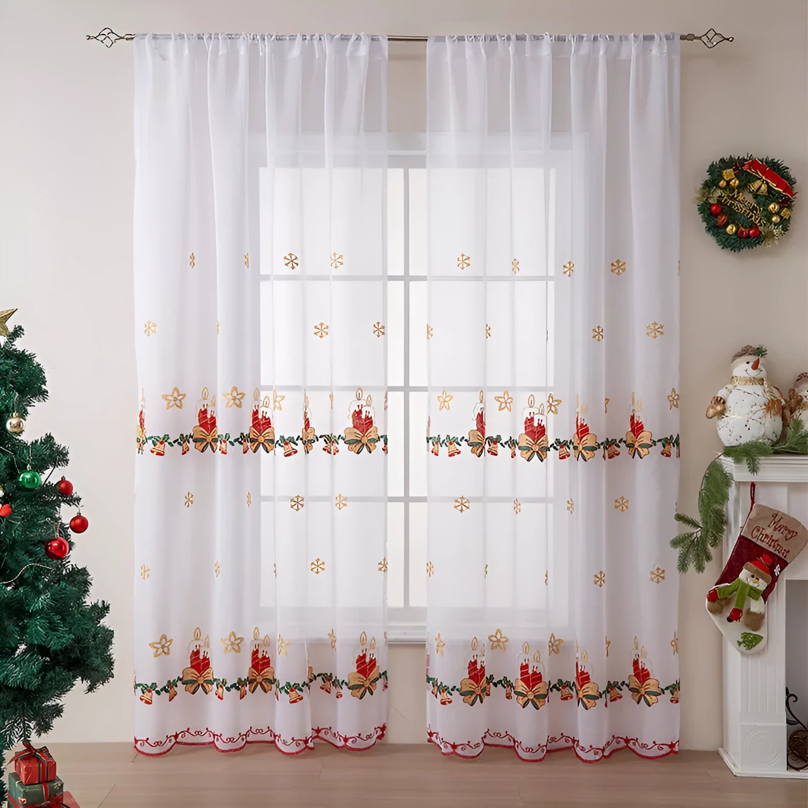 A pair of American-style Christmas curtains with white embroidered snowflakes on semi-sunshade polyester fabric.