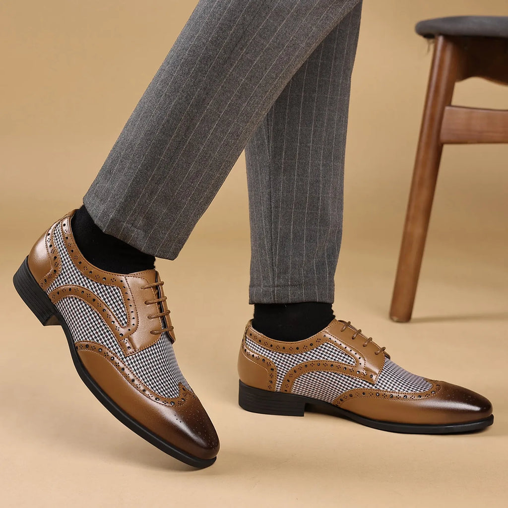 Men's black houndstooth pattern canvas casual shoes with lace-up front and rubber sole.