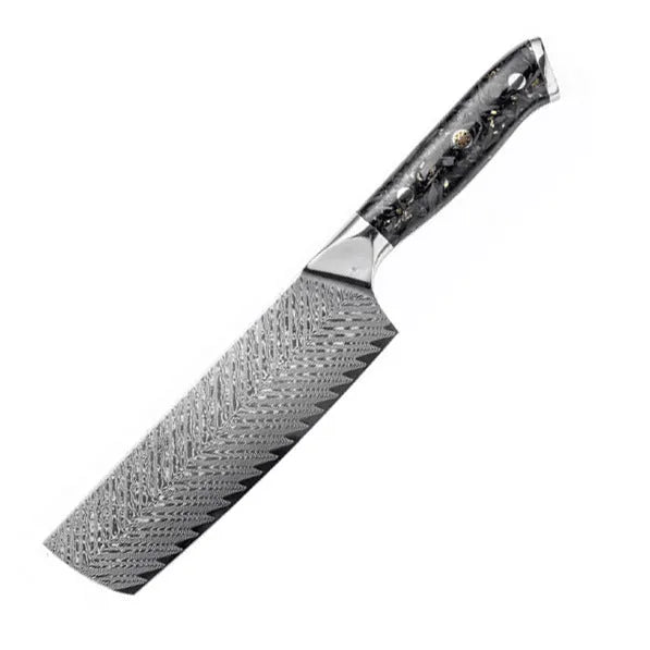 8-piece Damascus steel kitchen knife set with fishbone pattern, showing knives from 3.5-inch fruit knife to 8-inch chef knife.
