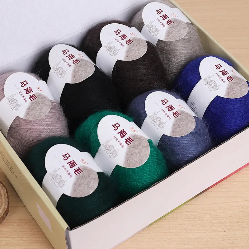 Mohair DIY scarf knitting kit showing wool ball with hand-woven Inverness thread in multiple colour options