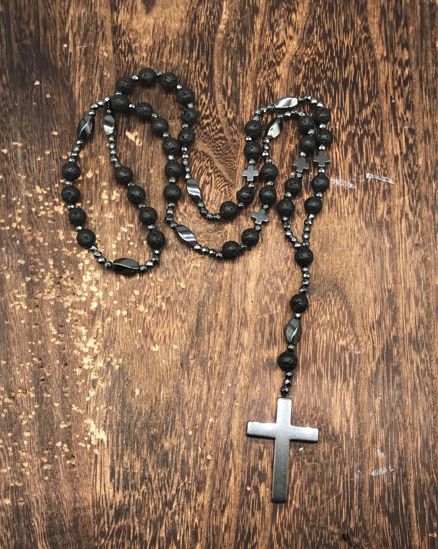 Men's geometric stone cross pendant on an 80cm ball bead chain with a safety lock.