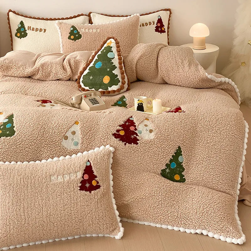 Winter Warm Christmas Tree fleece-lined bedding set in bright yellow with cartoon animation pattern
