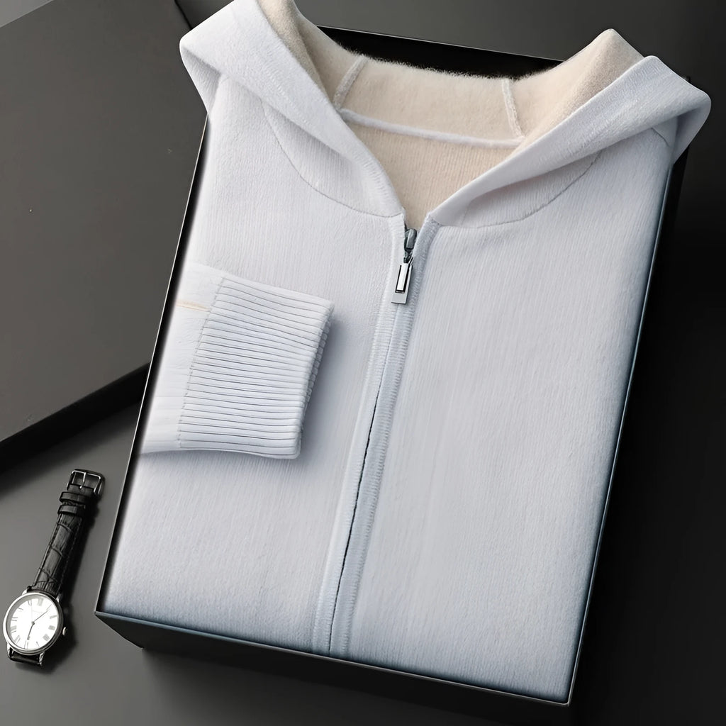 Men's dark blue cashmere cardigan sweater with zipper half-high collar and long sleeves