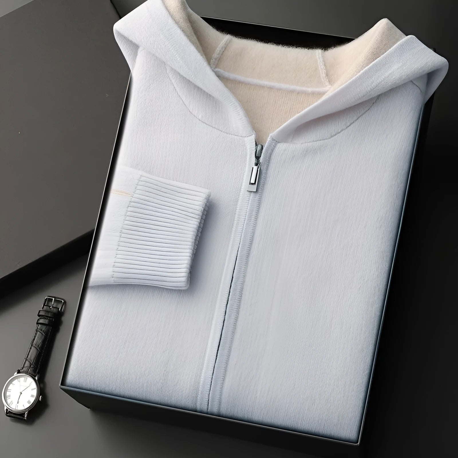 Men's dark blue cashmere cardigan sweater with zipper half-high collar and long sleeves