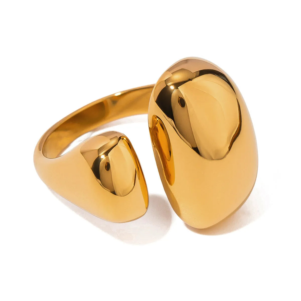 Women's geometric open ring in stainless steel with electroplated finish showing exaggerated angular design