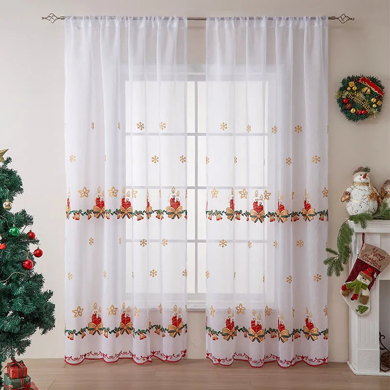 A pair of American-style Christmas curtains with white embroidered snowflakes on semi-sunshade polyester fabric.