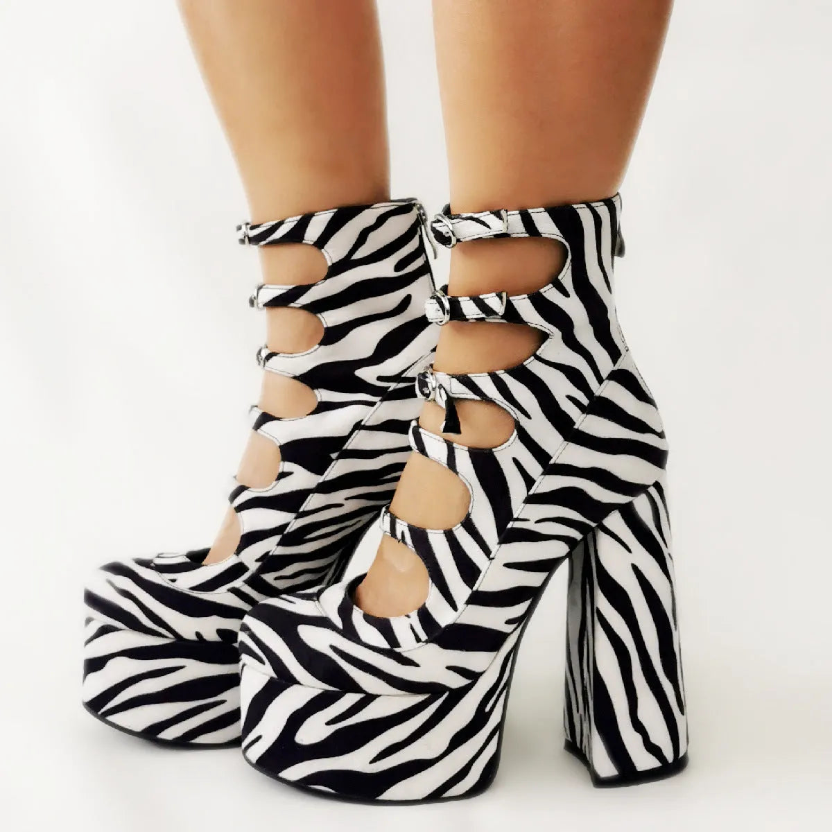 Women's waterproof patent leather platform high heel boots with serpentine belt buckle closure