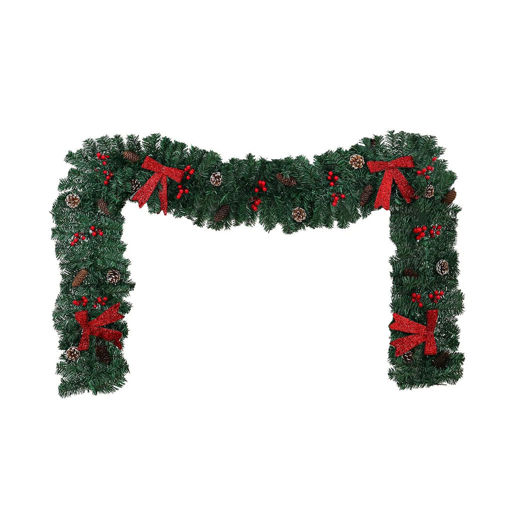 European style Christmas rattan decoration with pine cone bow design, available with coloured or warm white lighting options