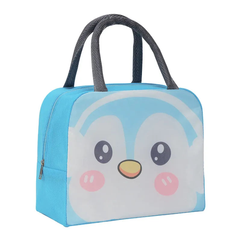 Cartoon insulated lunch box bag showing aluminium foil lining and Oxford cloth exterior