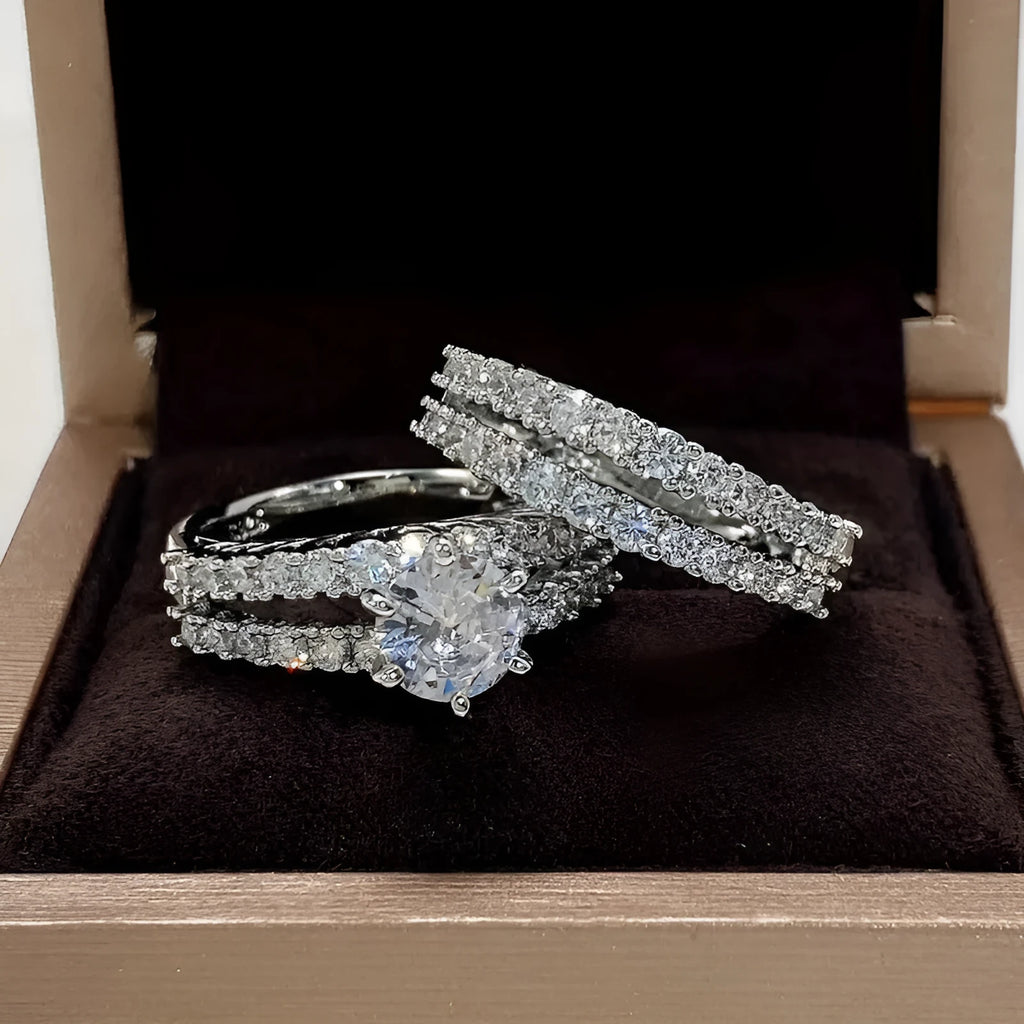 Convertible 2-in-1 alloy female ring set with fully-jewelled geometric design in silver, gold, or rose gold colour