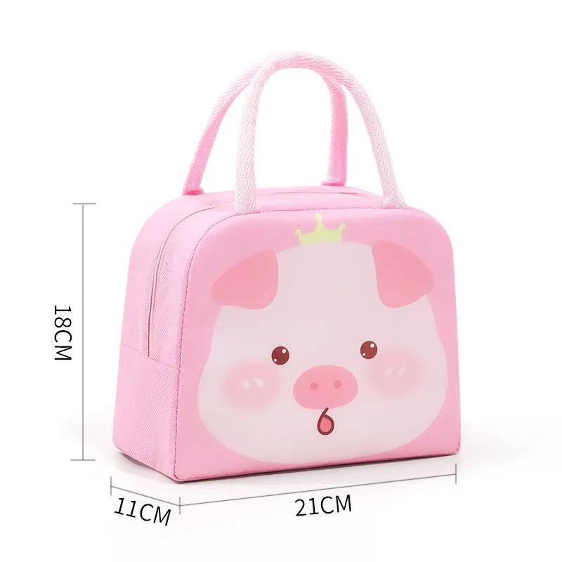 Cartoon insulated lunch box bag showing aluminium foil lining and Oxford cloth exterior