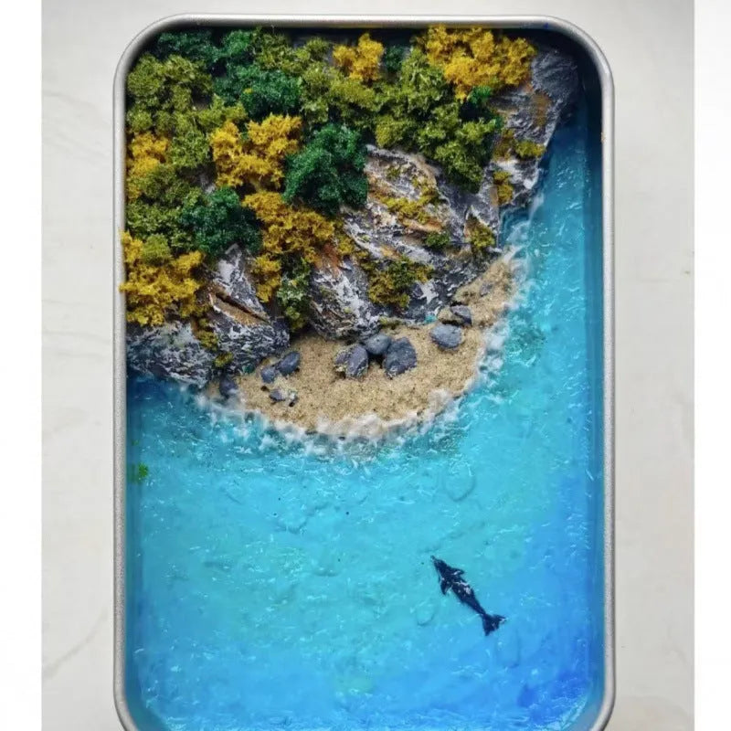DIY marine landscape model kit with bamboo peninsula iron box design and whale themes