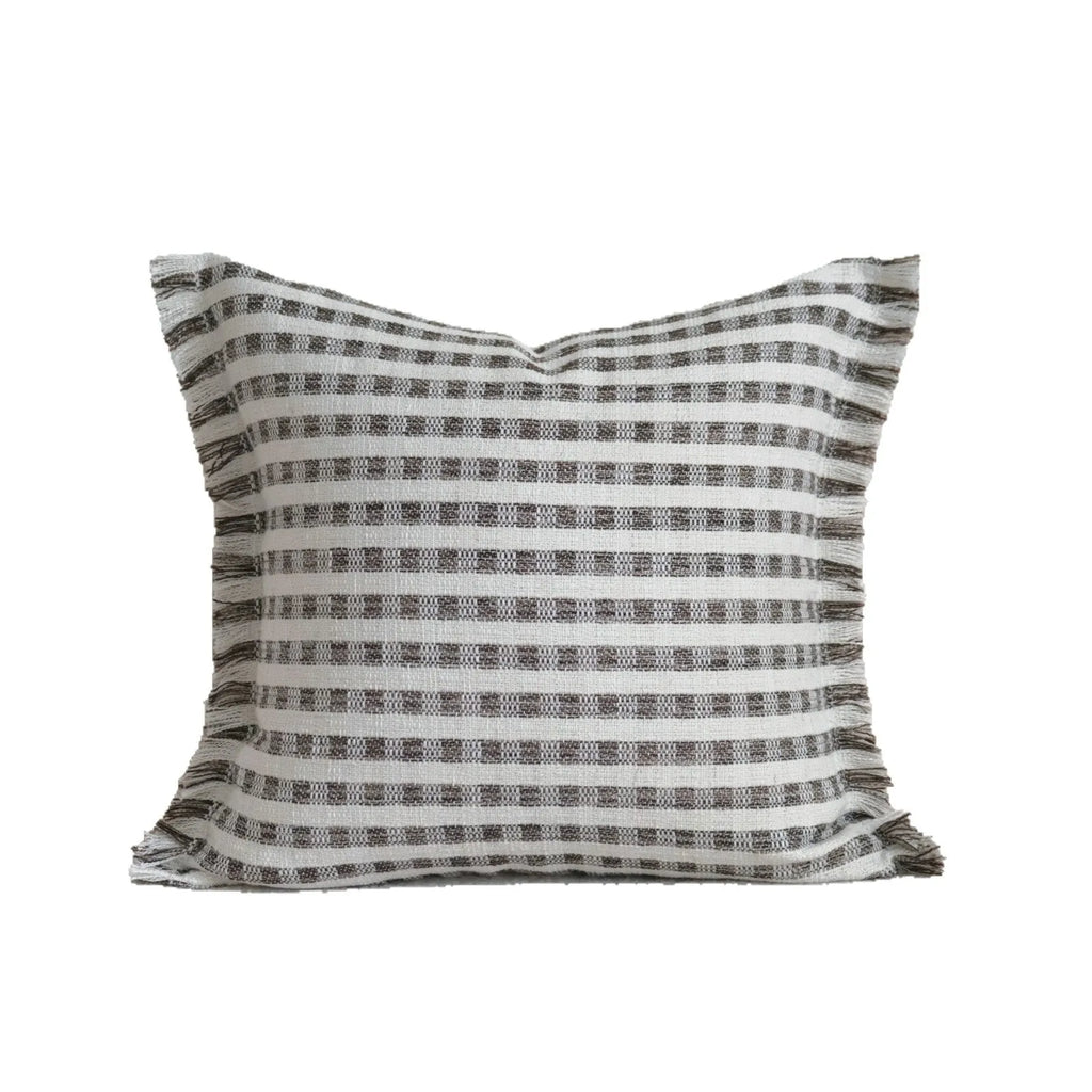 Coffee brown striped Chinese classical style sofa cushion on a living room sofa.