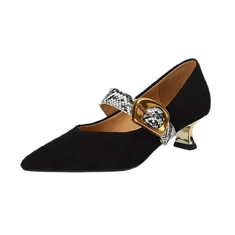 Women's black stiletto high heels with a buckle closure and pointed toe on a mid heel.