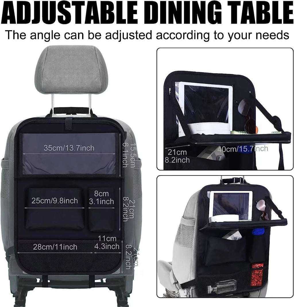 Black Oxford cloth car seat back storage bag hanging behind vehicle seat