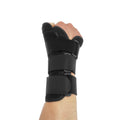 Carbon fibre sports wrist guard with thumb strap shown in black with grey edging, for left or right hand.