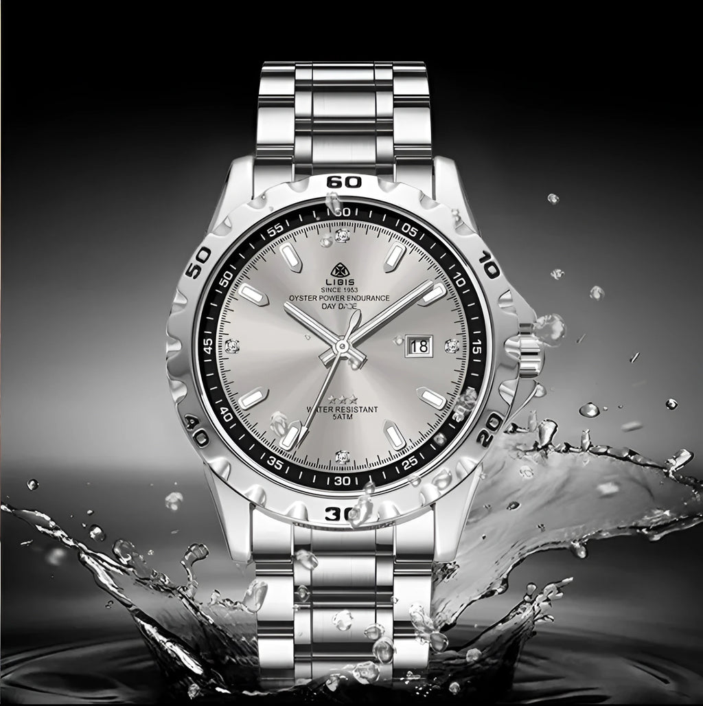 Men's silver watch with stainless steel strap and luminous hands on black dial