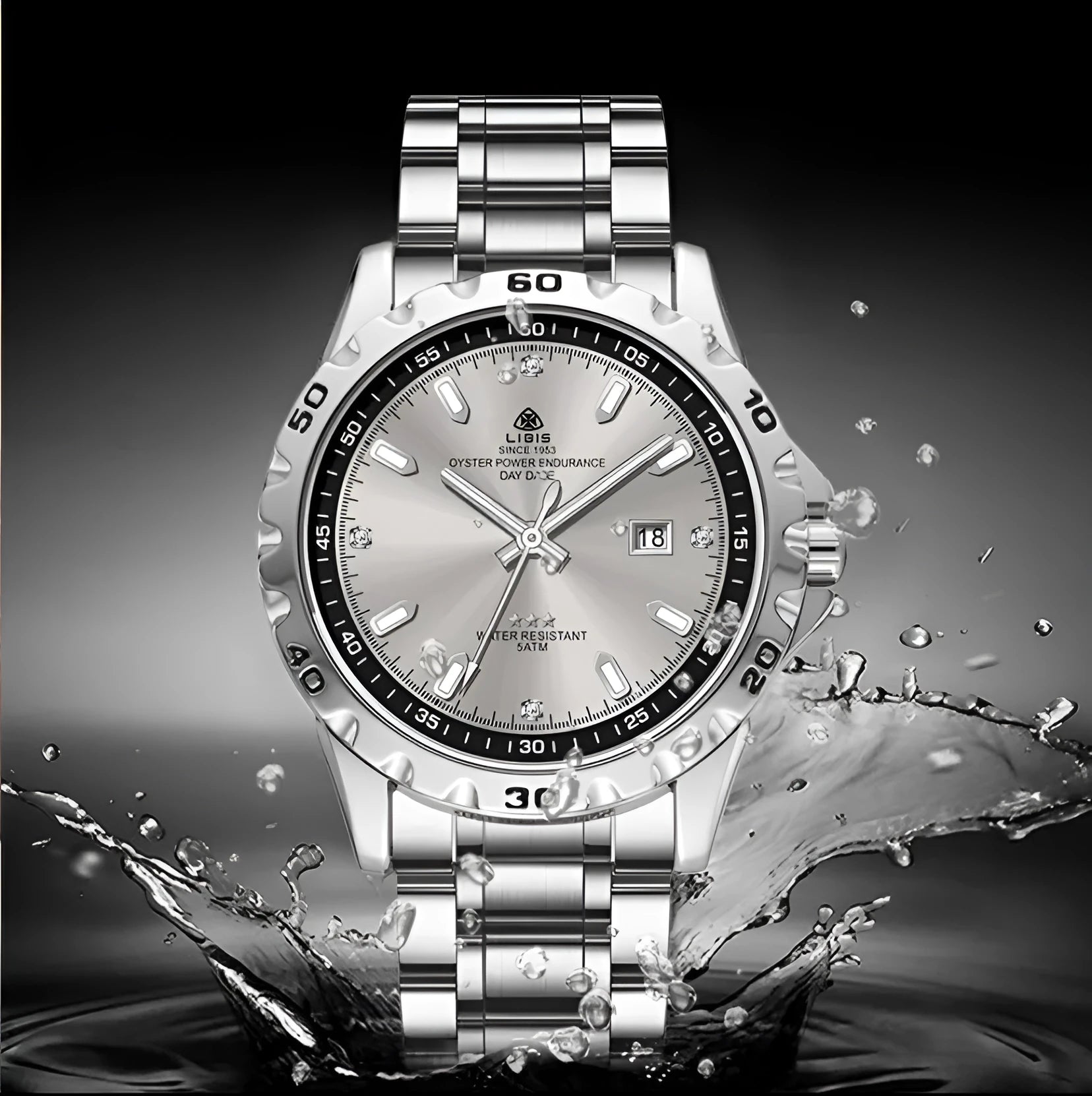 Men's silver watch with stainless steel strap and luminous hands on black dial