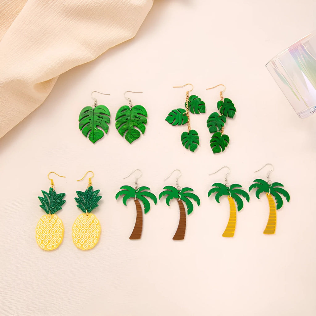Drop-shaped acrylic earrings with summer coconut design in five colour variations on alloy ear hooks
