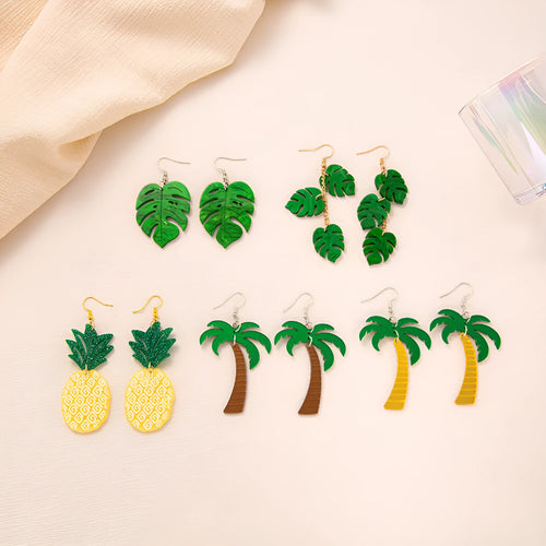 Drop-shaped acrylic earrings with summer coconut design in five colour variations on alloy ear hooks