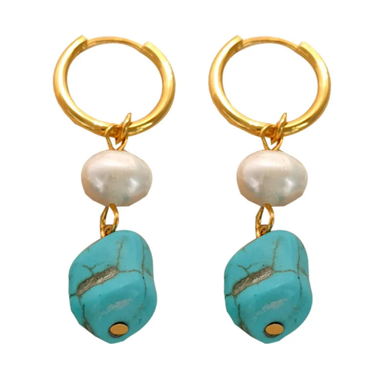 Turquoise geometric copper ear clip earring with irregular cultured pearls in short and long dangle styles