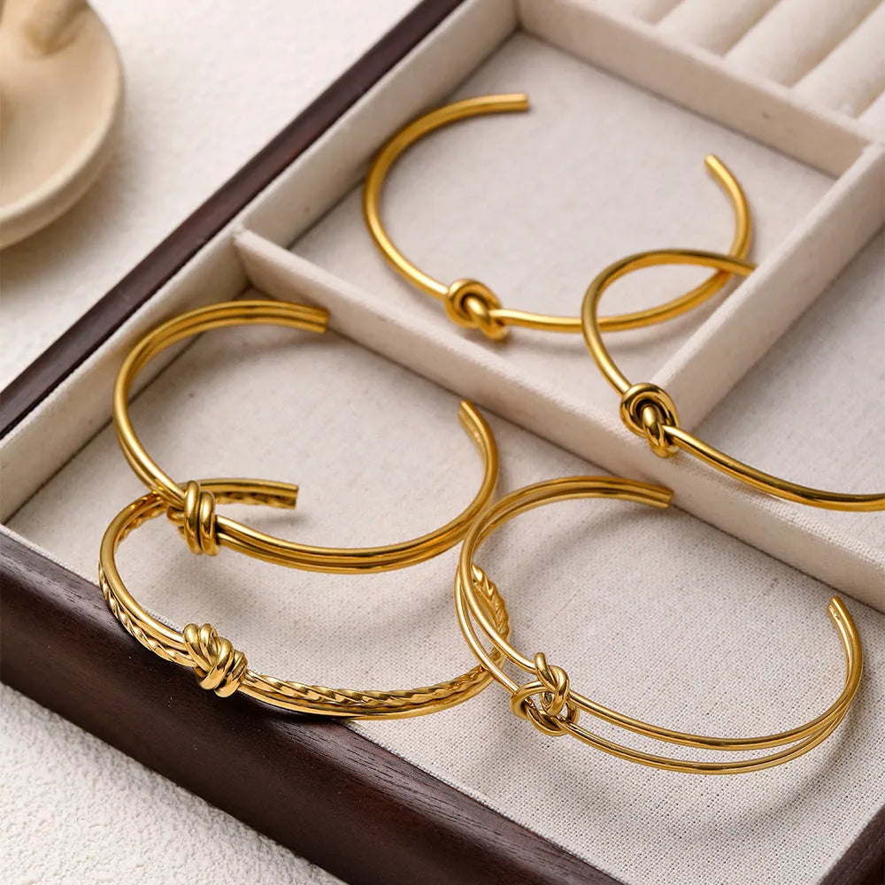 Stainless steel knotted double-layer bracelet with 18K gold plating and adjustable C-shape opening