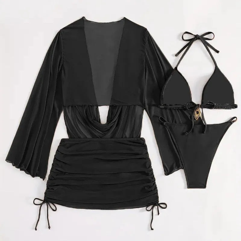 Women's dark brown lace-up front bikini swimsuit with backless design and briefs bottom