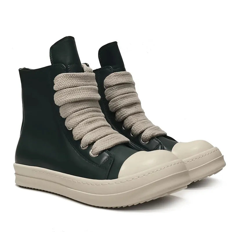 Black genuine leather high-top sneakers with side zip and stitching details on round toe design