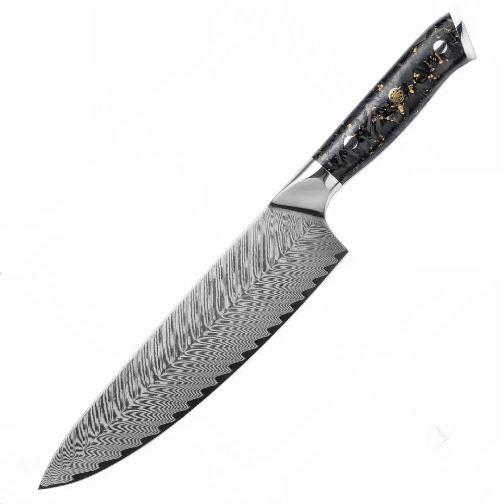 8-piece Damascus steel kitchen knife set with fishbone pattern, showing knives from 3.5-inch fruit knife to 8-inch chef knife.