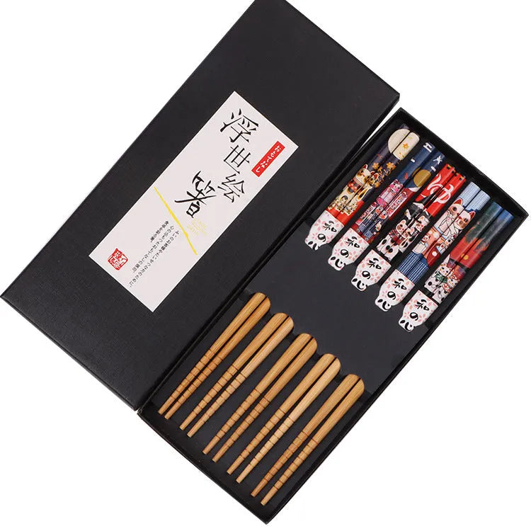 Japanese style bamboo chopsticks set with cartoon pattern, available in lucky cat or blue designs