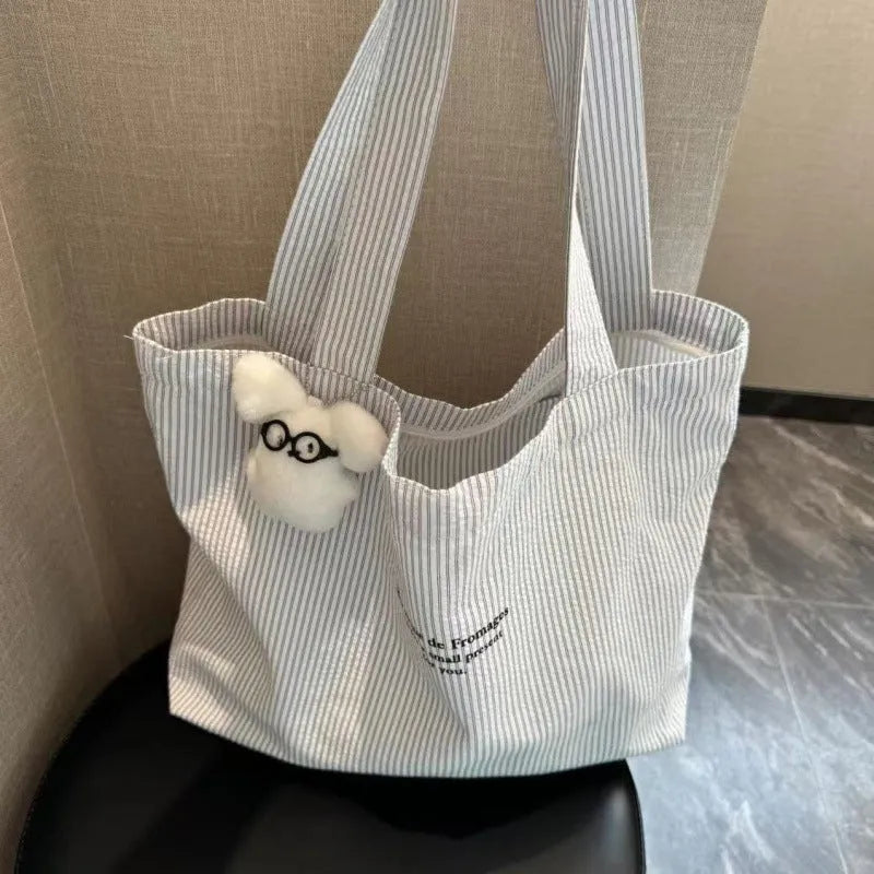 Casual striped large capacity commuter canvas bag with printed checks pattern