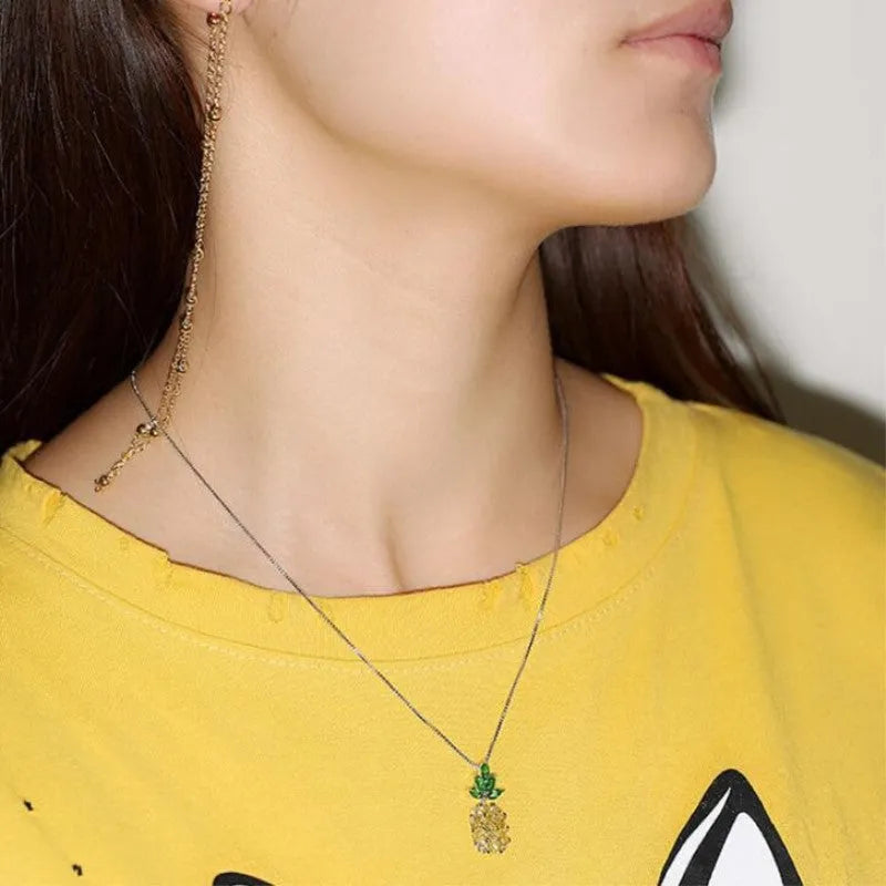 Korean fashion silver plated necklace with geometry pineapple diamond pendant and copper white gold plating