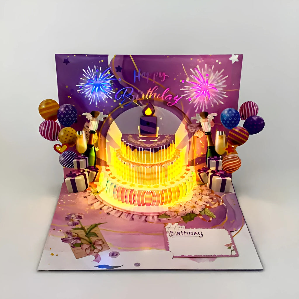 Chinese ink style 3D greeting card showing manually folded cake design with light music blowing theme