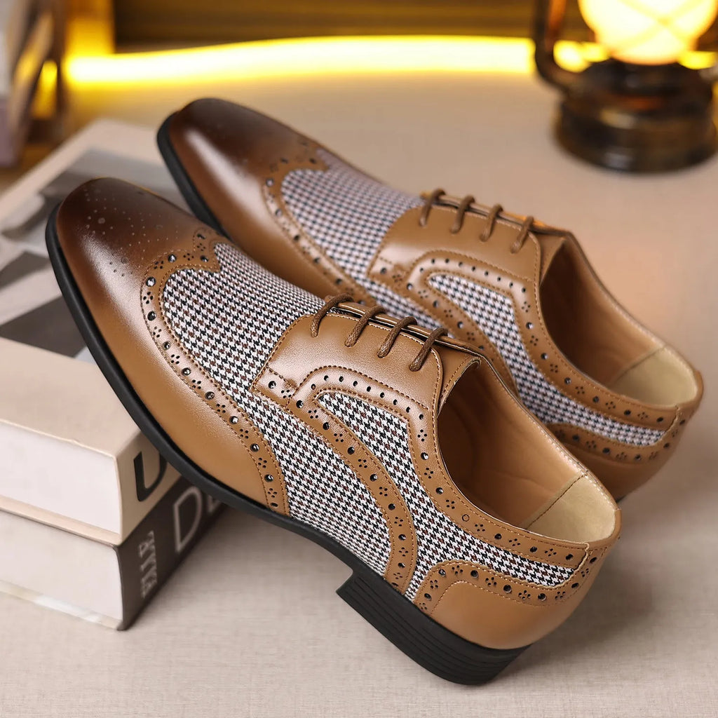 Men's black houndstooth pattern canvas casual shoes with lace-up front and rubber sole.